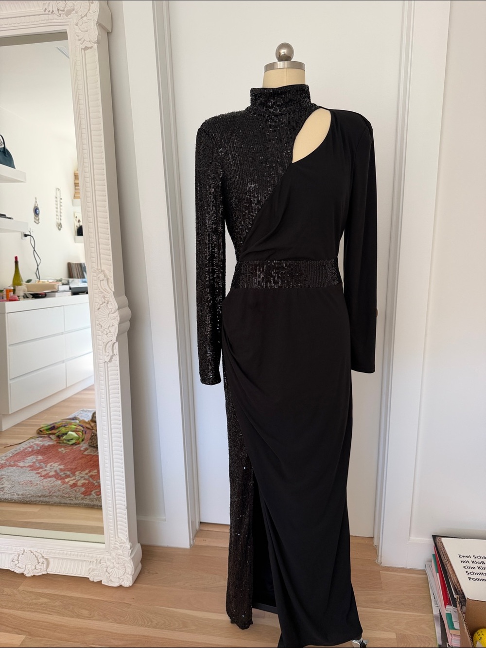 Black Long-Sleeve Cutout Sequin Evening Gown